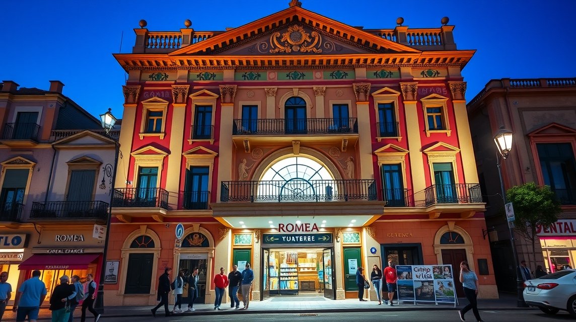 A Romea Színház elegáns épülete Murcia szívében, este világítva.