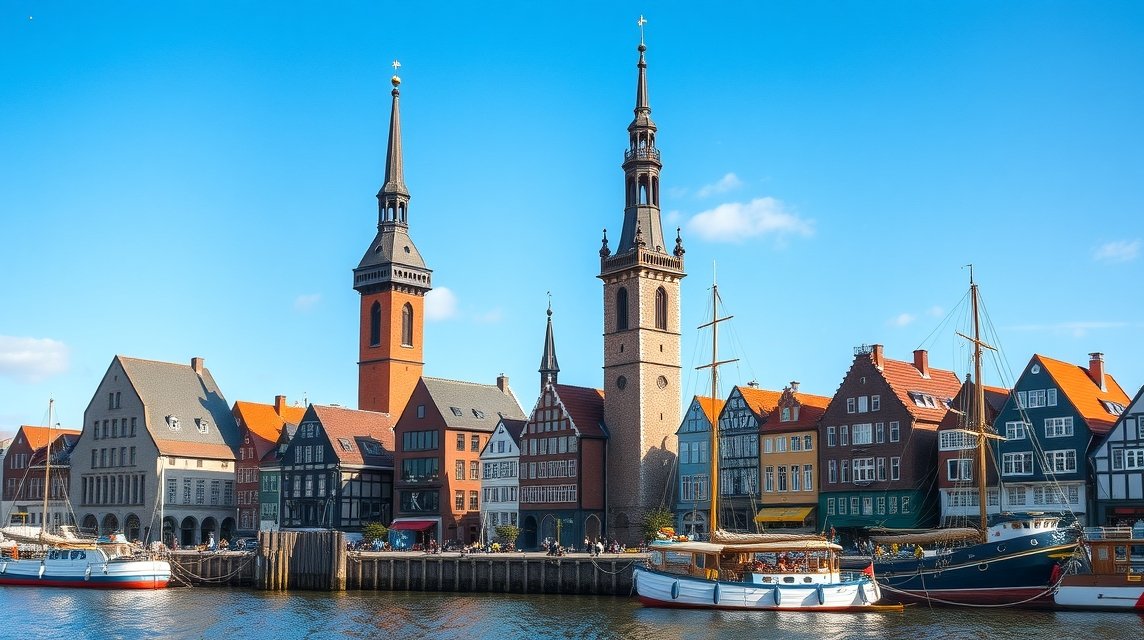 Rostock tengerparti panoráma gótikus épületekkel és hajókkal.