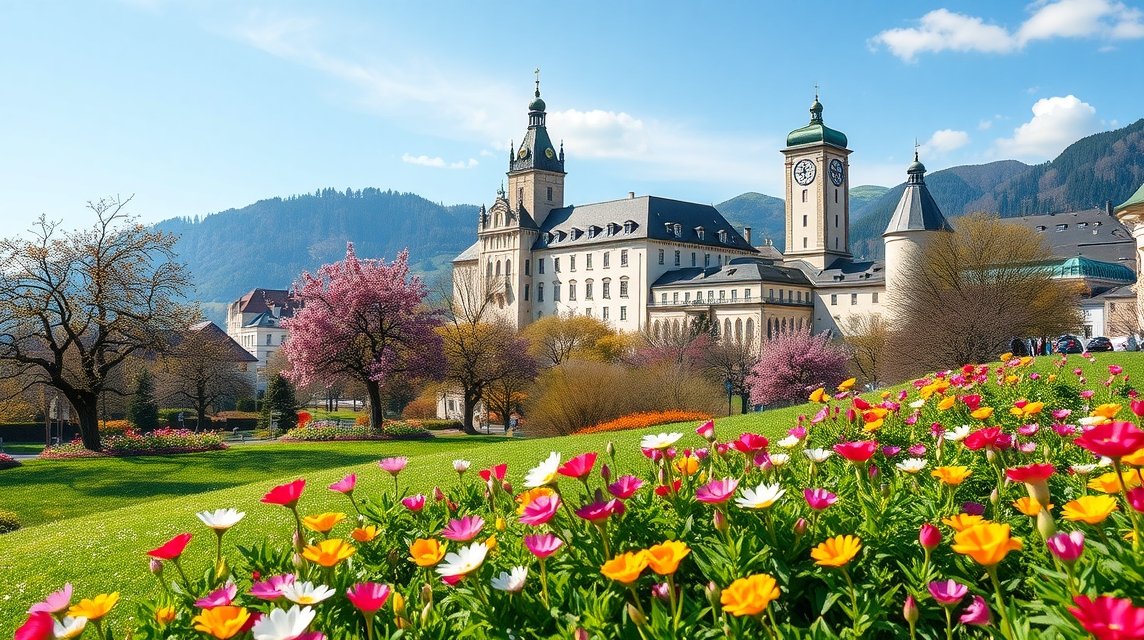 Tavaszi virágzás Salzburgban, a város gyönyörű épületeivel és hegyháttérrel.