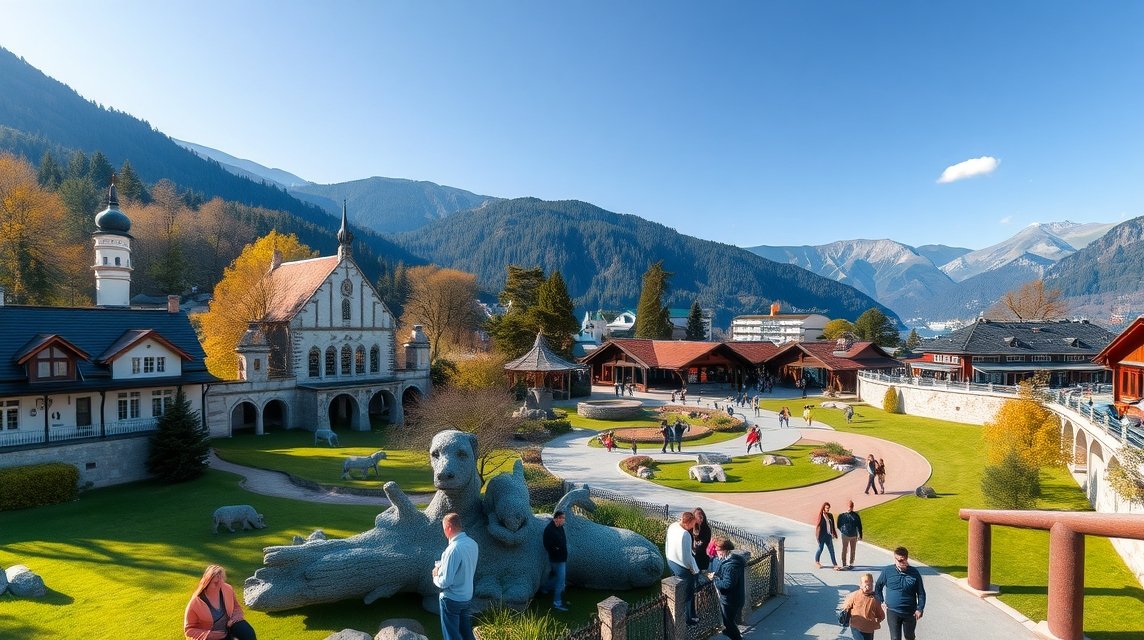 Salzburgi Állatkert Hellbrunn parkja, látogatók a tájon.