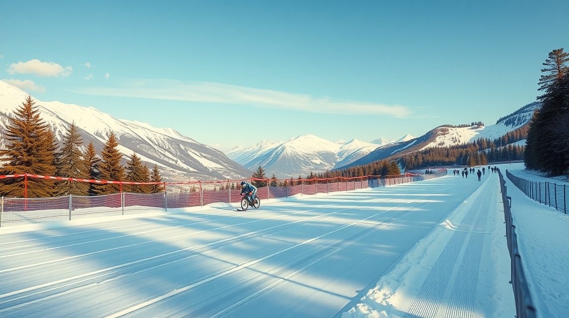 Sankt Moritz Olympia Bob Run havas táj, bobpálya és hegyek.