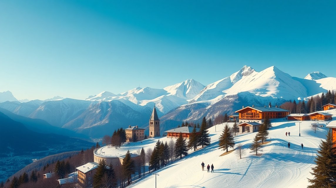 Sankt Moritz téli táj, hegyek, fák és épületek