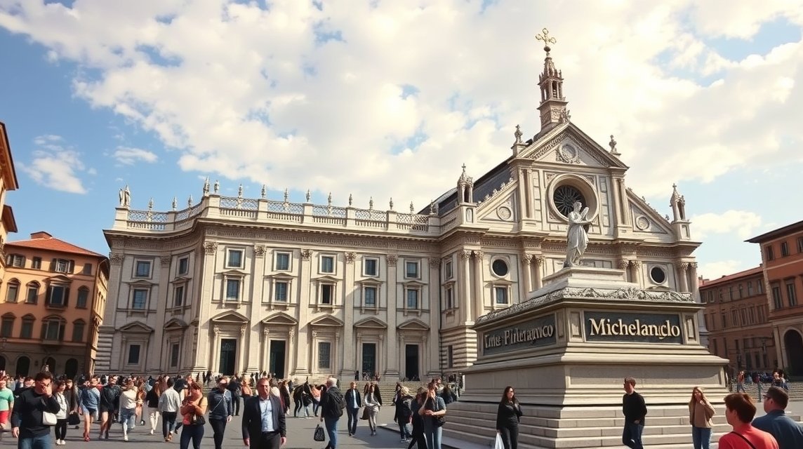 Santa Croce bazilika Firenze Michelangelo szobra előtt