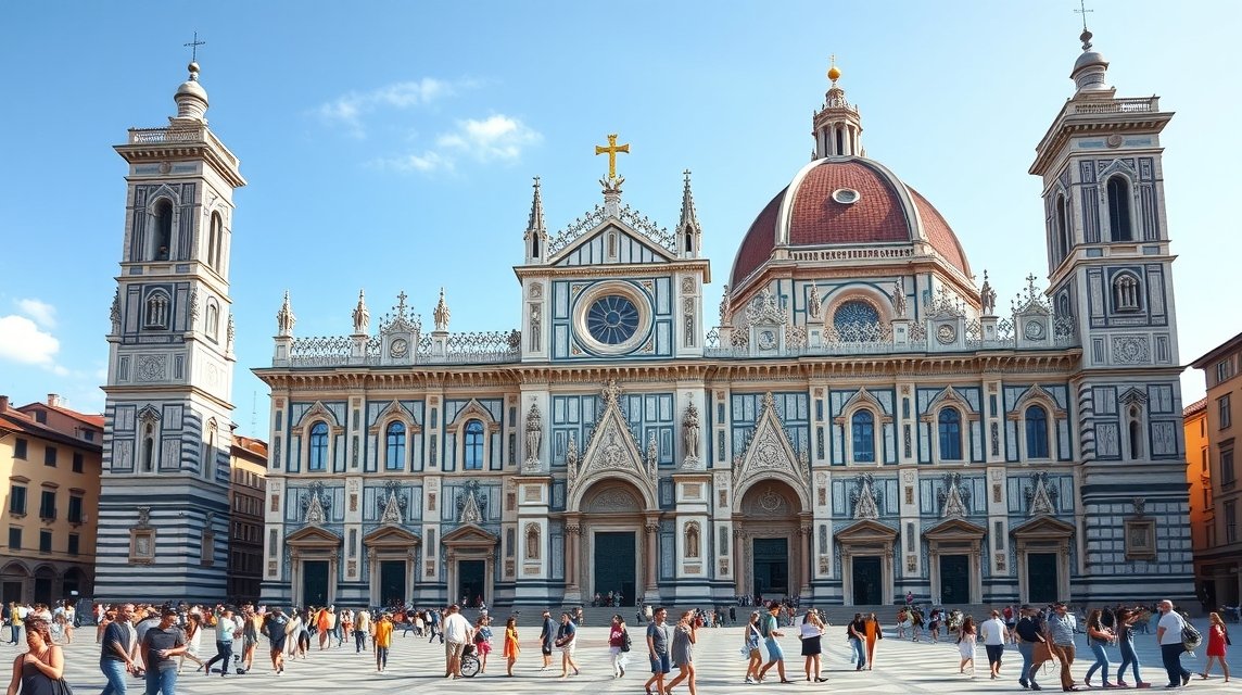 Santa Maria Novella templom gótikus-reneszánsz homlokzattal Firenze központjában.