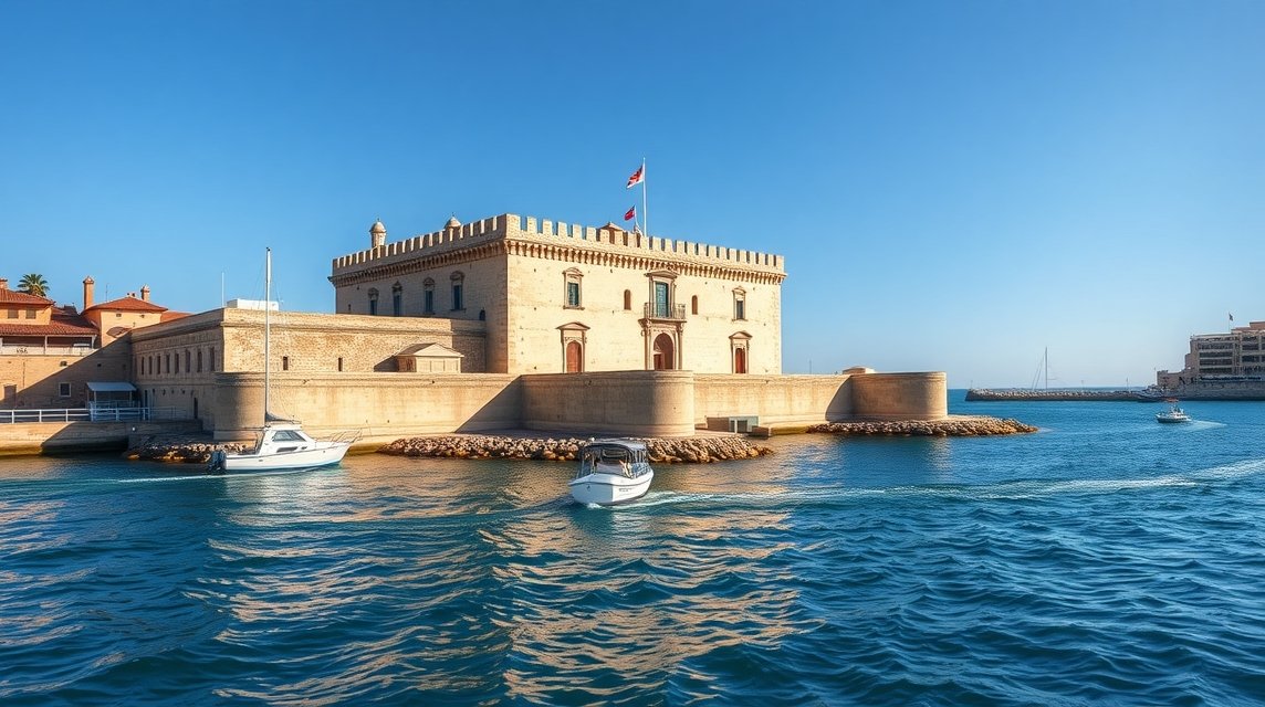 Sant'Antonio erőd a Bari kikötőjében, tengerrel körülvéve.