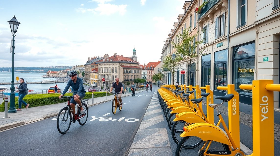 Sárga Yélo közbiciklik La Rochelle városában, kerékpárosok az utcán.