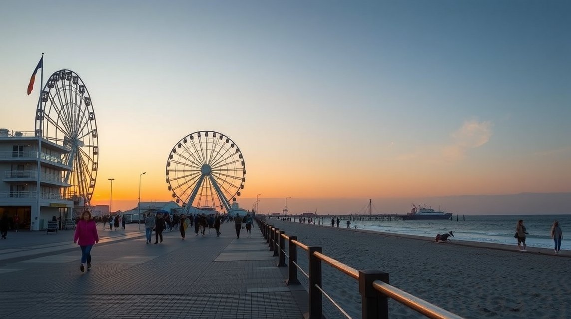 Scheveningen tengerparti séta naplementében, óriáskerék háttérrel.
