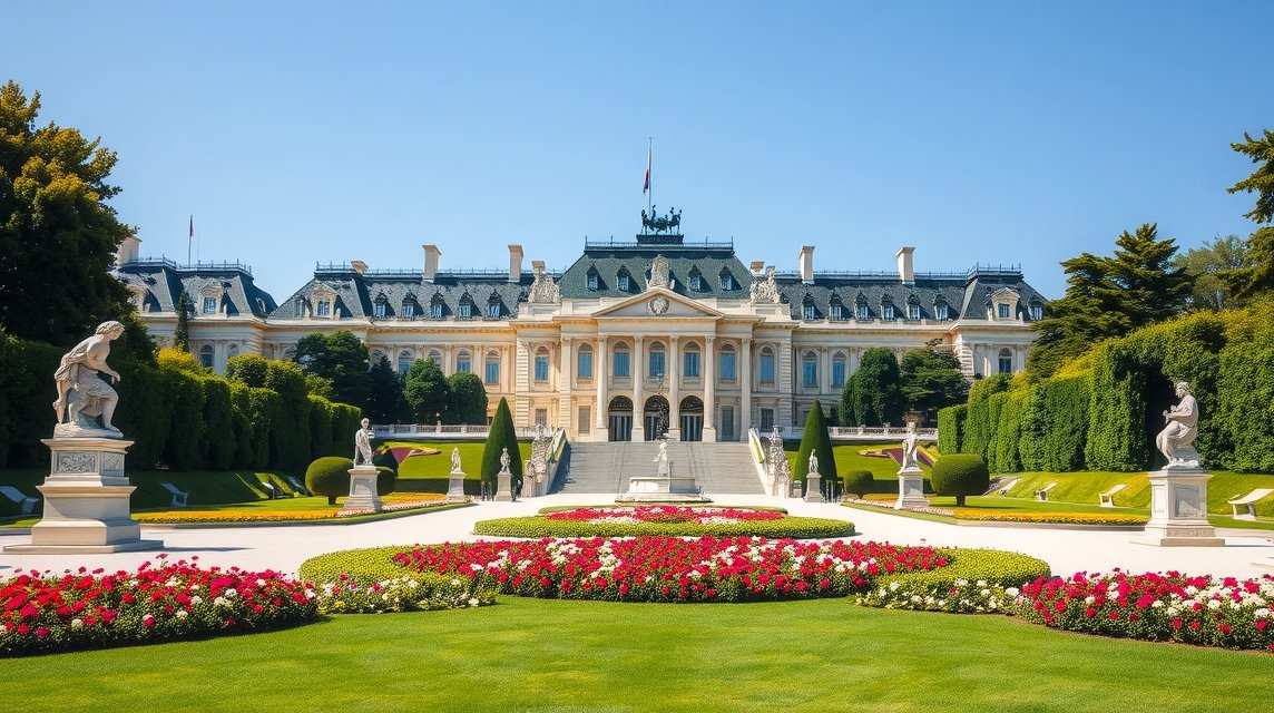 Schönbrunni kastély és a park Bécsben virágágyásokkal