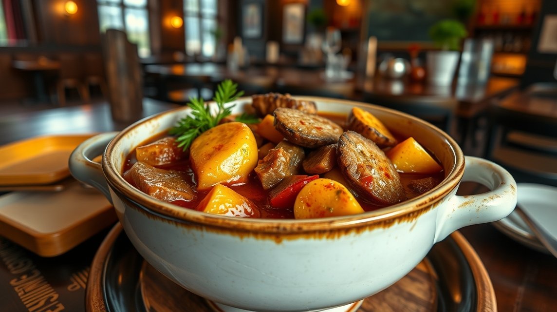 Híres Scouse pörkölt tálalva, friss zöldségekkel.