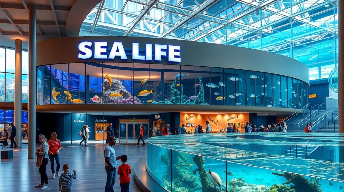 A SEA LIFE Hannover akvárium bejárata, látogatók a víz alatti csodák között.