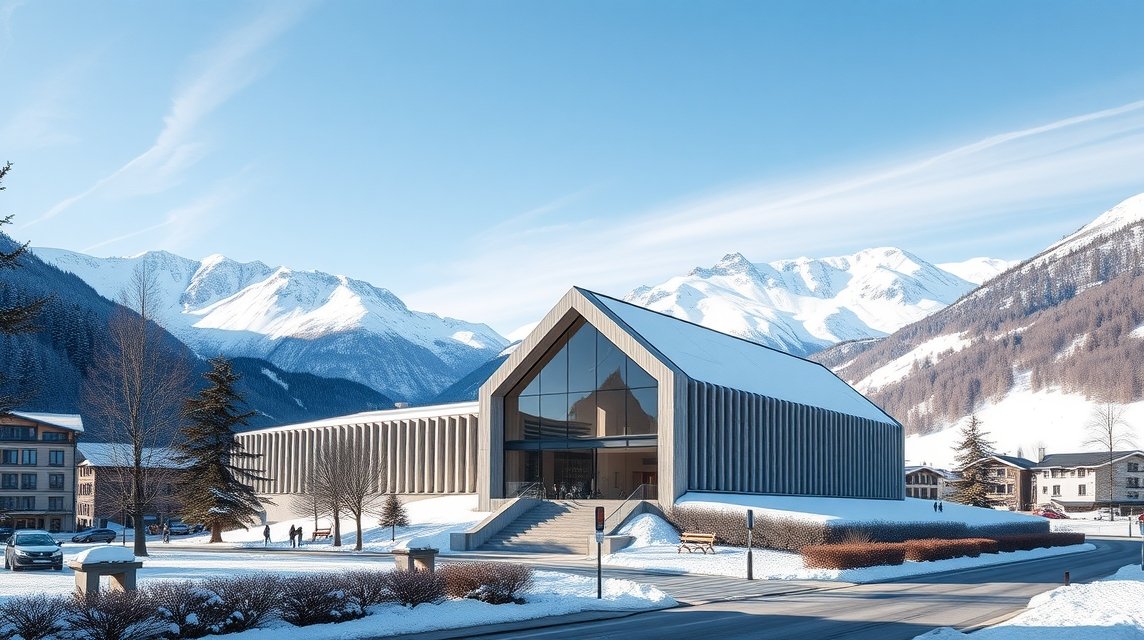 A modern Segantini Múzeum Sankt Moritzban, háttérben az Alpok