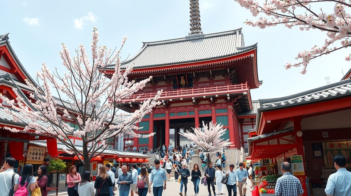 Tokió látnivalók - A Senso-ji templom Asakusában 1 Senso-ji templom Asakusában, cseresznyevirág és látogatók a kapu előtt.