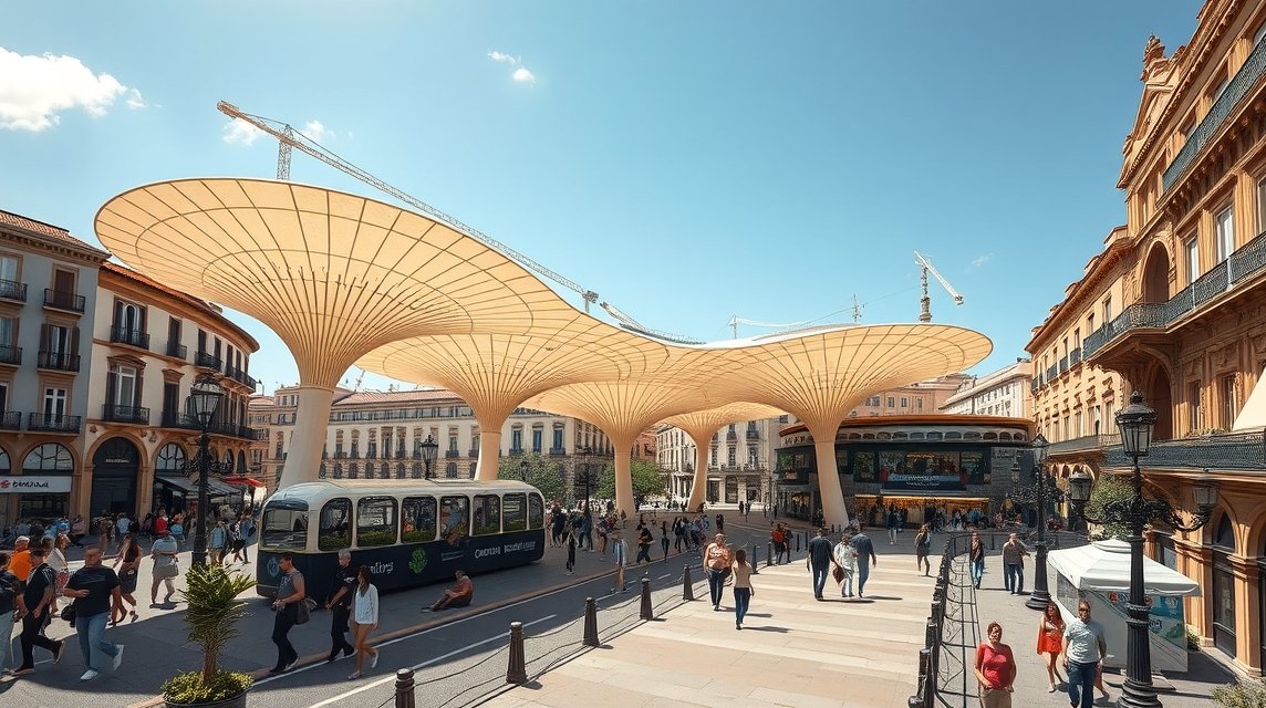 Metropol Parasol, Sevilla gomba alakú kilátója, városi tájban.