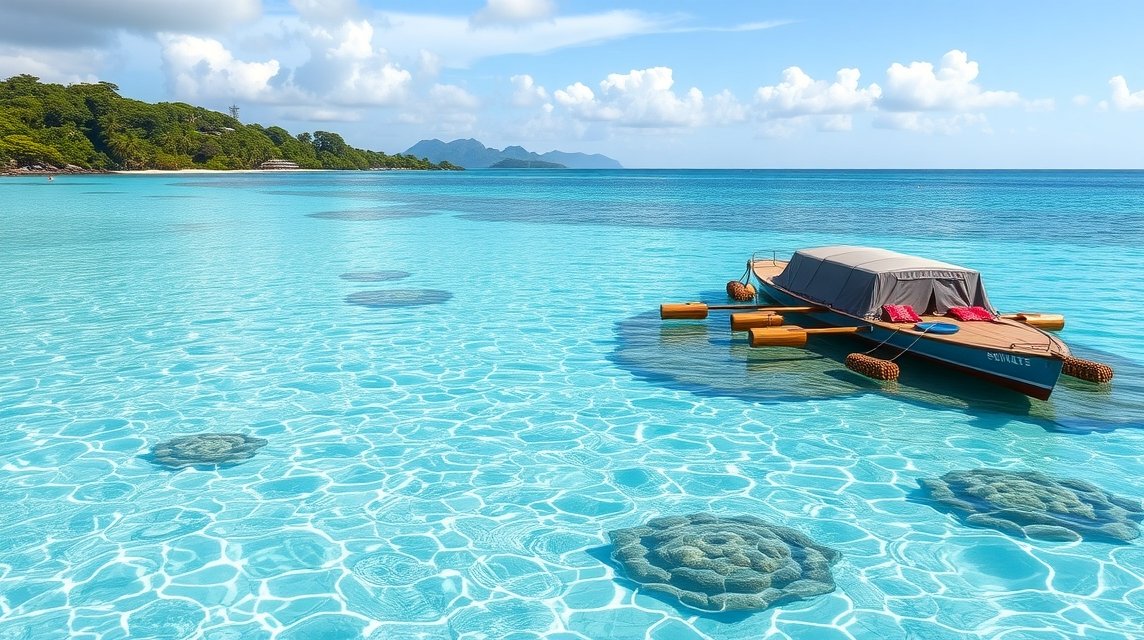 Szép víz alatti látvány a Seychelles-szigeteknél, hajó a vízen.