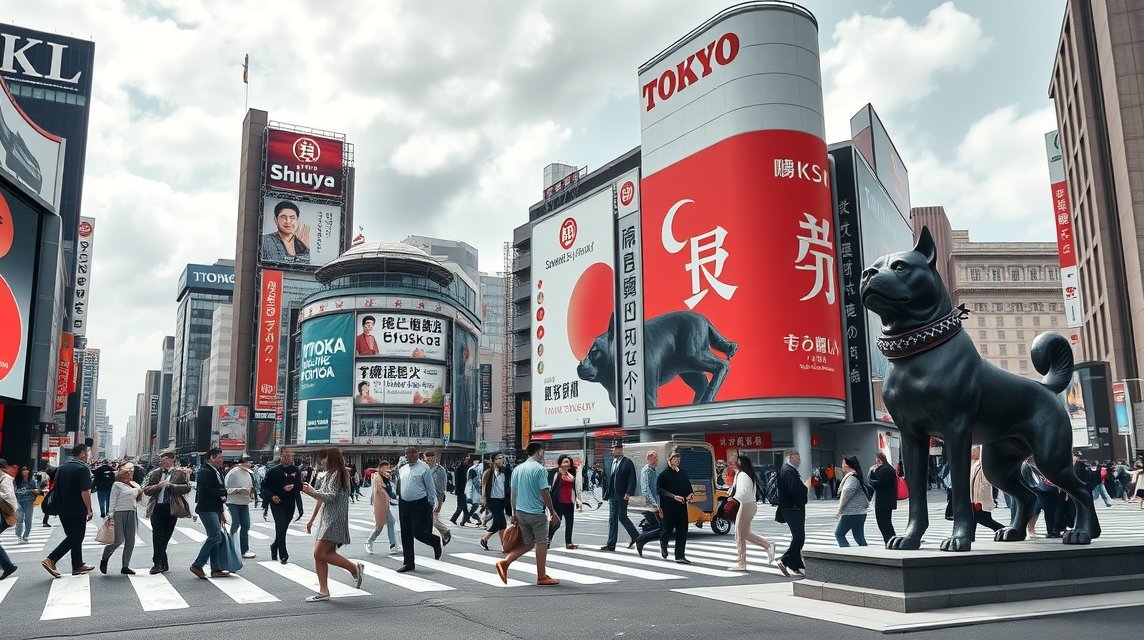 Shibuya Crossing és Hachiko szobra Tokióban, emberek a zebrán