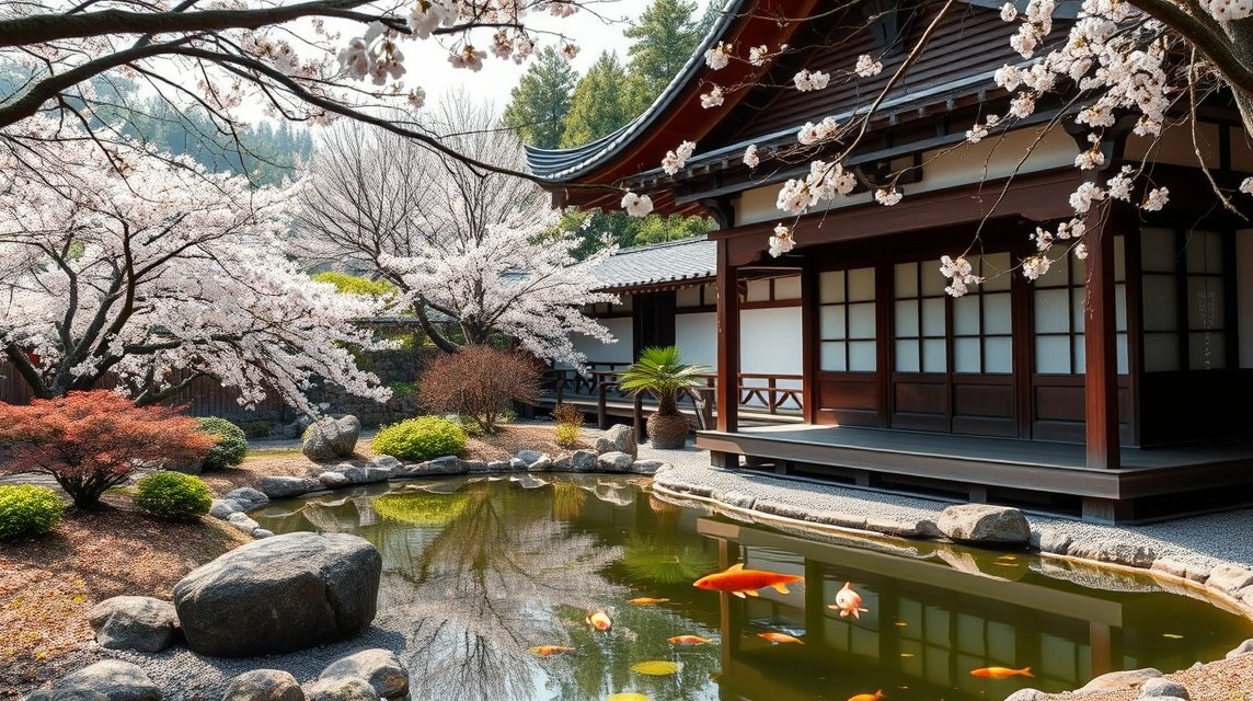 Tavaszi látvány a Shiki Emlékmúzeumban, virágzó cseresznyefák és tó.