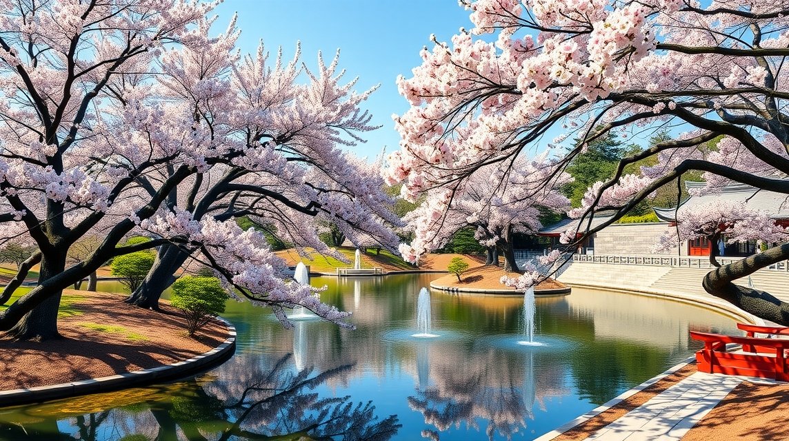 Tokió látnivalók - Séta a Shinjuku Gyoen Nemzeti Kertben 1 Sakura fák és tükörkép a Shinjuku Gyoen Nemzeti Kertben Tokióban.