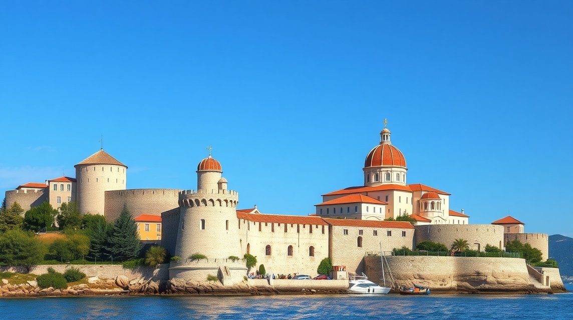 Šibenik városának erődje a tengerparton, lenyűgöző kilátással.