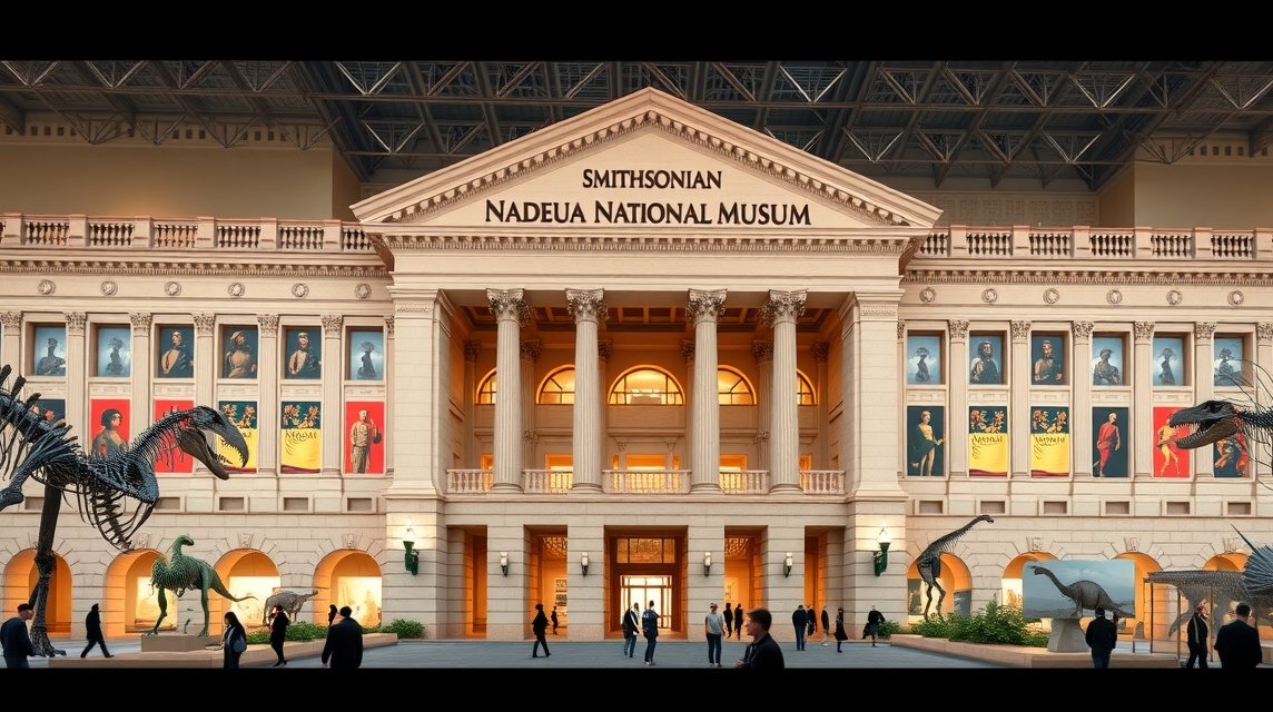 Smithsonian Természettudományi Múzeum épülete Washingtonban, dinoszaurusz kiállítással.