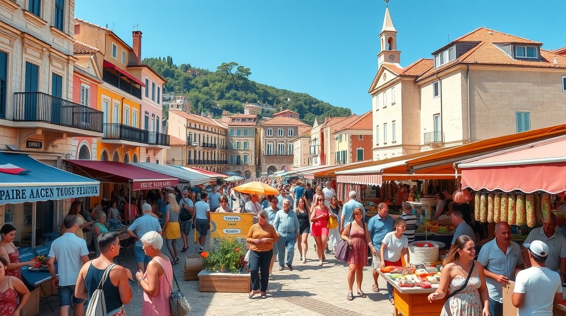 Ciprus városi piacán forgalmas nap, színes standok és emberek.