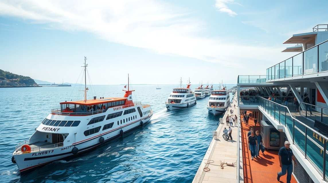 Split közlekedés - A kompkikötő, mint a szigetek kapuja 1 Split kompkikötő hajók az Adriai tengeren, turisták az útvonalon