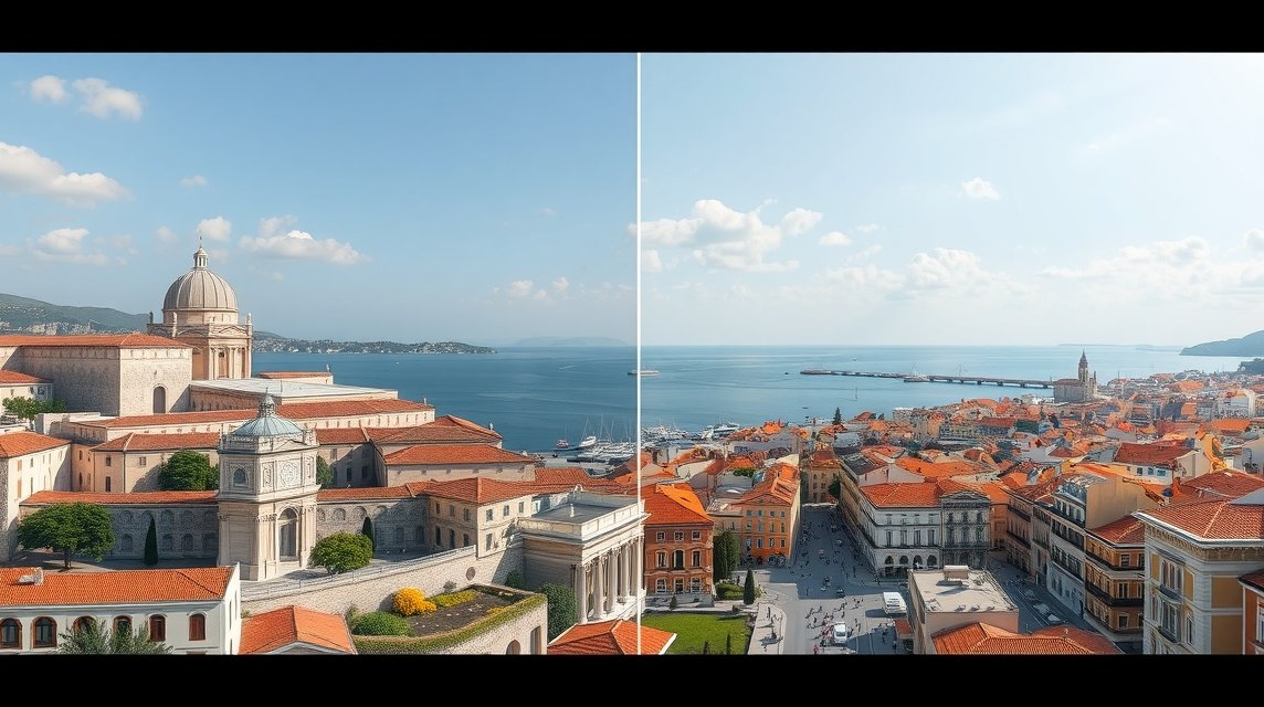 Split város nézete a Diocletianus palotájával és a tengerrel