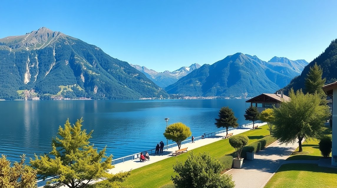 Szent Moritz tó partja lenyűgöző alpesi panorámával.