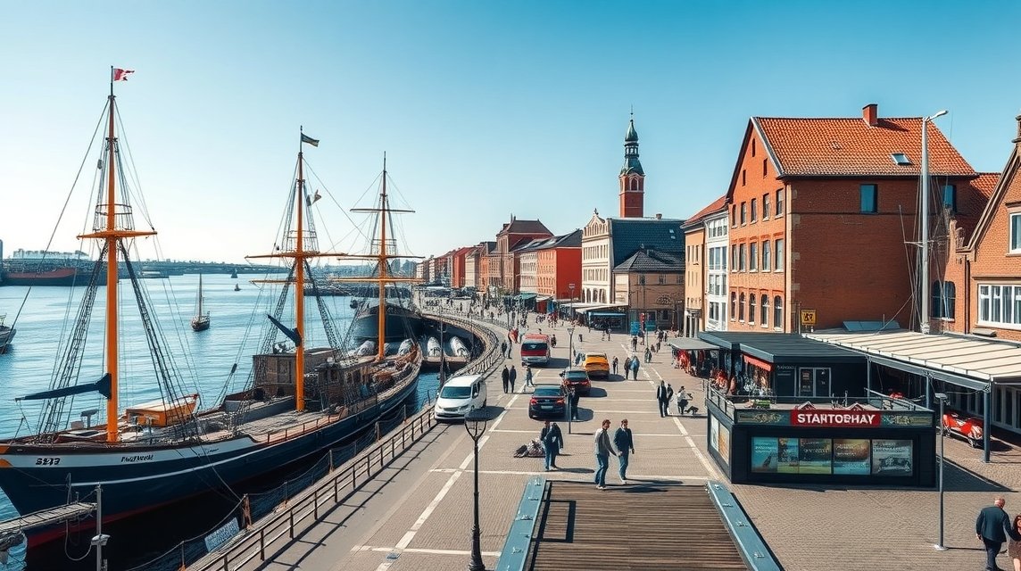 Rostock városi kikötő, vitorlások és sétáló emberek