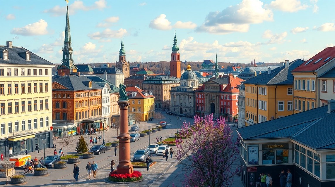 Stockholm városának panorámája, virágzó tavaszi időben.