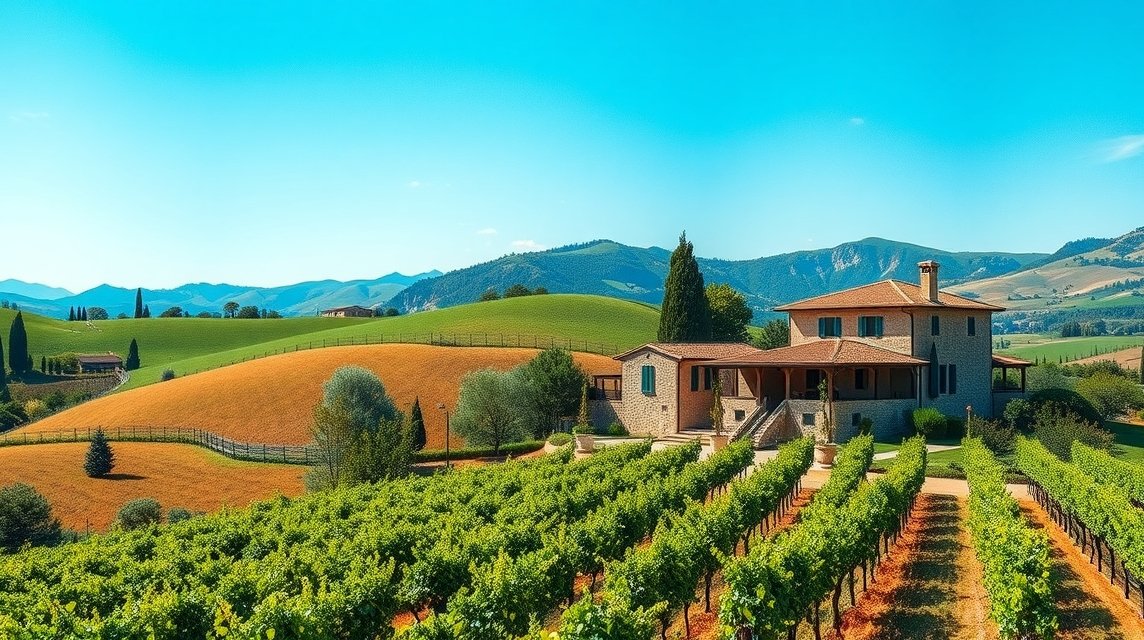 Bäuerliche Häuser und Weinberge in der italienischen Landschaft.