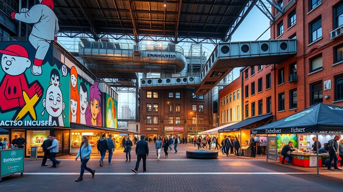 Strijp-S kreatív negyed Eindhovenban vibráló street art és üzletek.