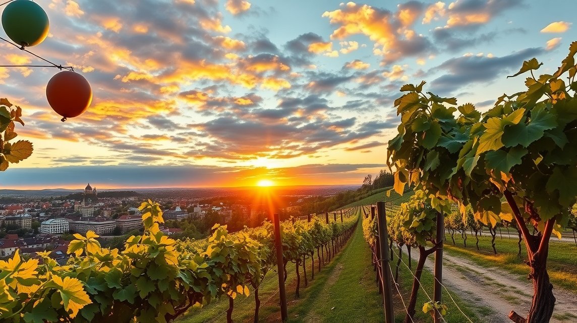 Gyönyörű naplemente a stuttgarti szőlőskertek felett