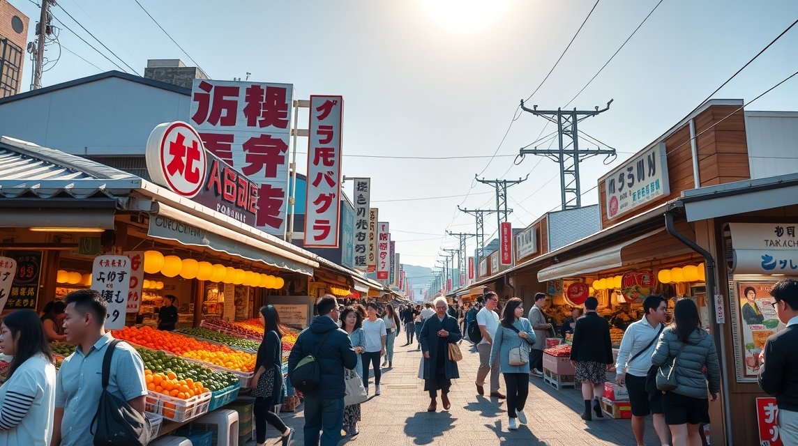 Szendai látnivalók - Szendai Asaichi (Reggeli piac) 1 Szendai Asaichi reggeli piac friss termékekkel és árusokkal.
