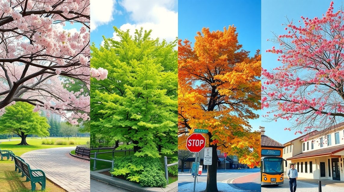 Különböző évszakok Szendai fái és tájai, cseresznyevirág és lombszín