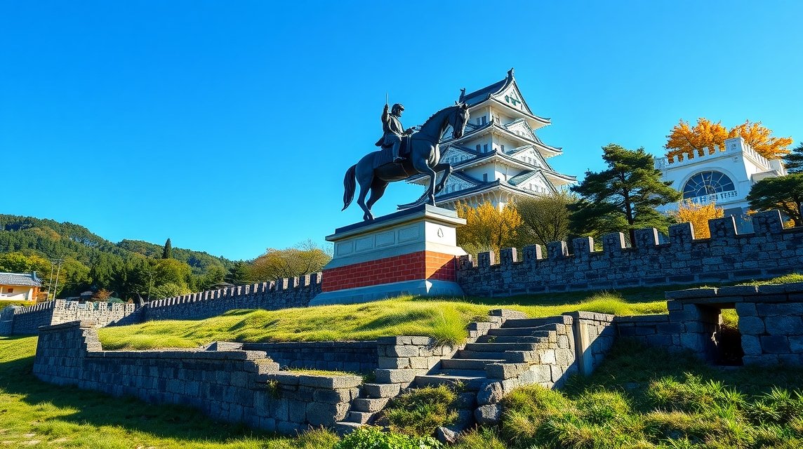 A Szendai vár és Date Masamune lovasszobra a napfényben.