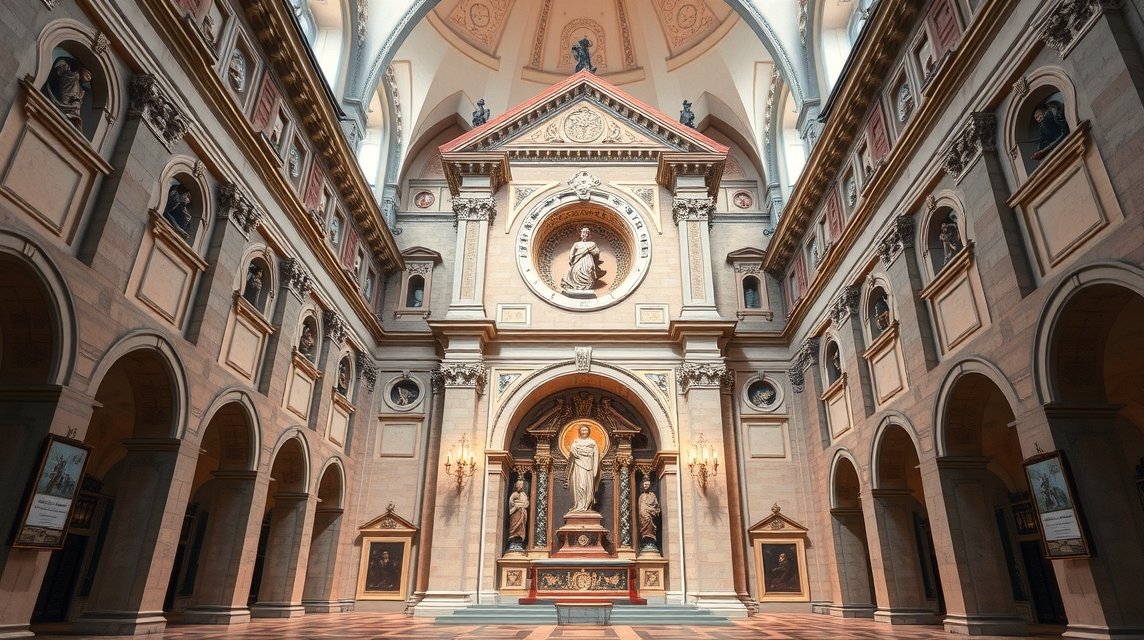 A Szent Domonkos-bazilika belseje, impozáns szobrok és művészeti elemek.