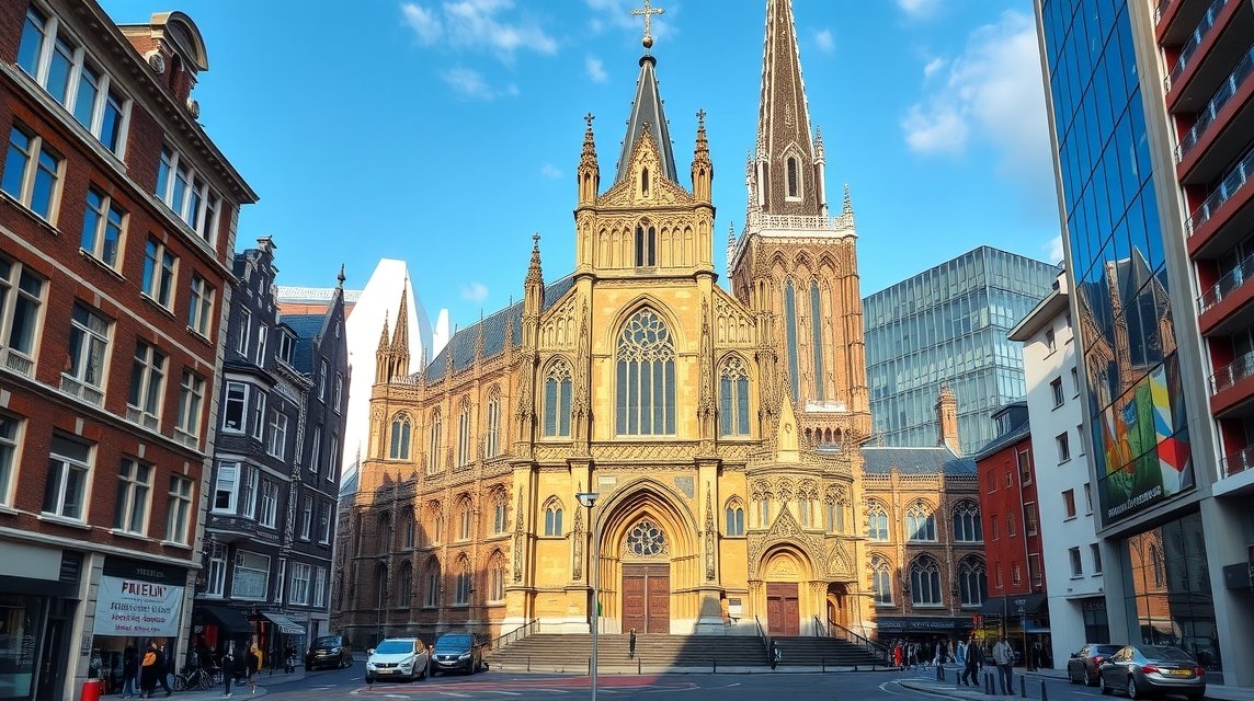 A Szent Lőrinc-templom épülete Rotterdamban, gótikus stílusban.