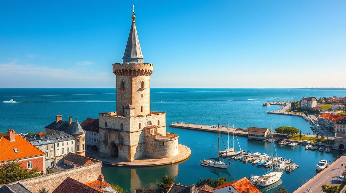 Szent Miklós-torony La Rochelle városában, tengerre néző kilátással.