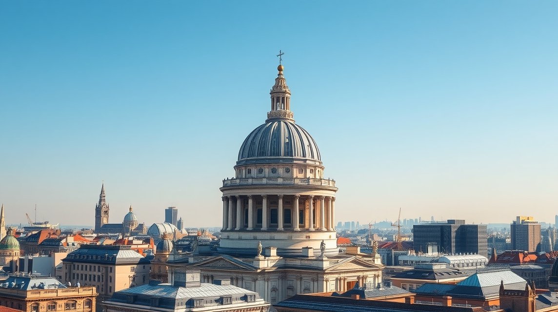 A Szent Pál-székesegyház kupolája Londonban, városi panorámával.