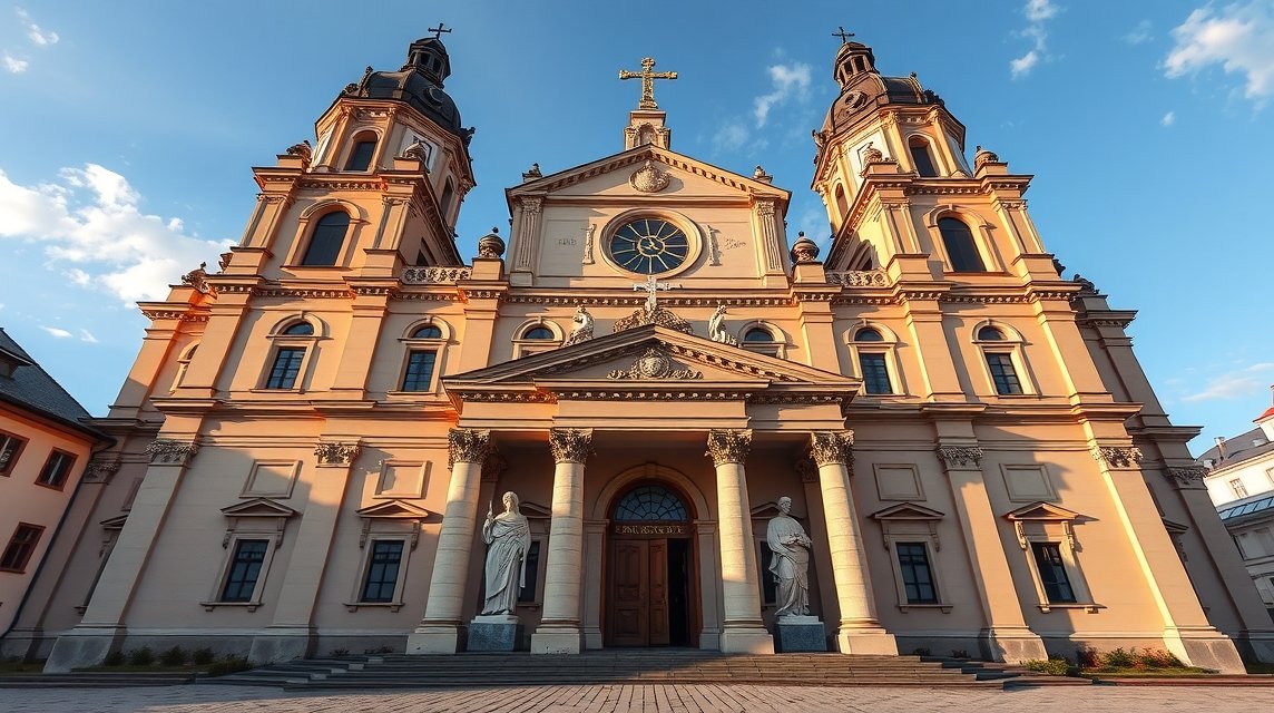 A Szent Péter és Pál-templom barokk homlokzata Krakkóban.