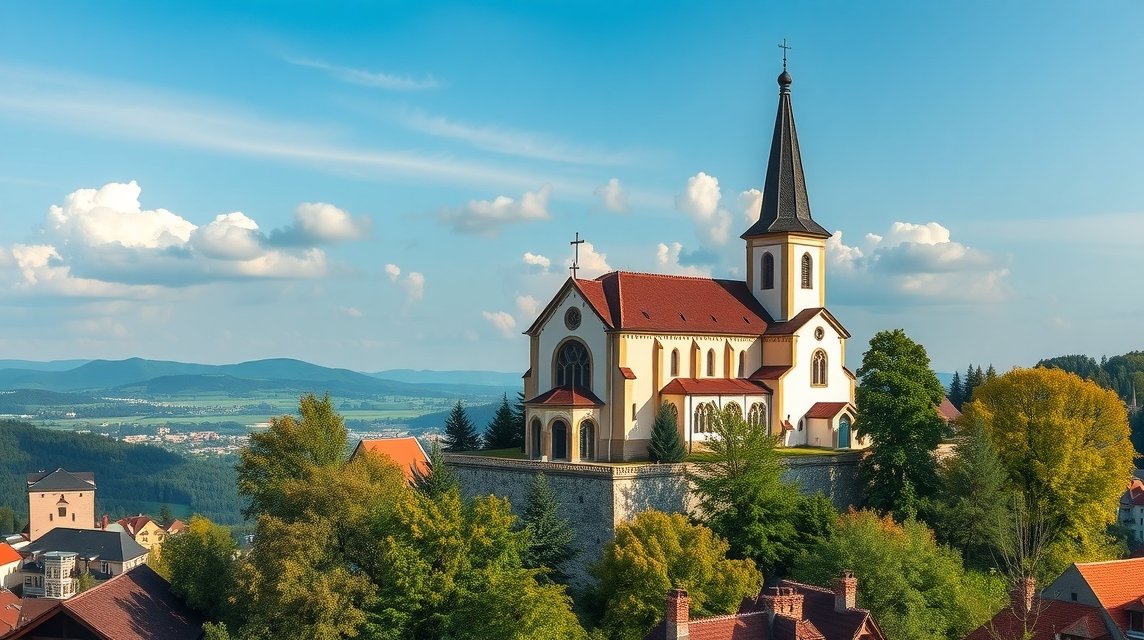 Szentháromság-hegyi templom Regensburgban gyönyörű környezetben