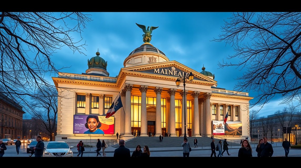 A Szépművészeti Múzeum gyönyörű épülete Montréalban, este világítva.