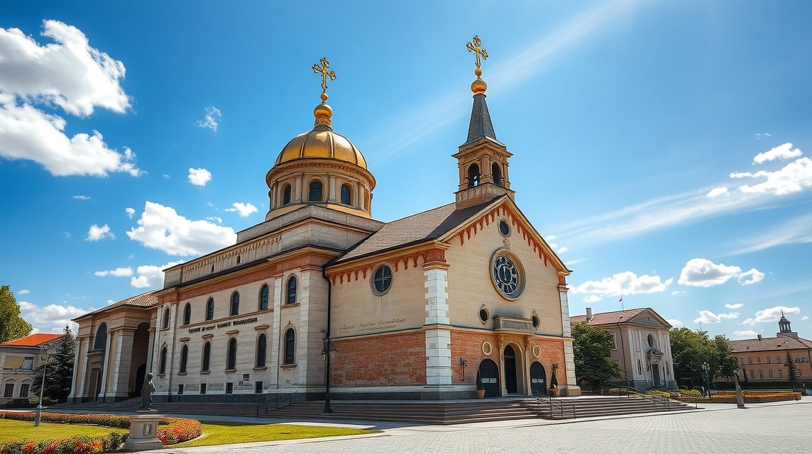 A Szerb templom Aradon, gyönyörű építészeti részletekkel.
