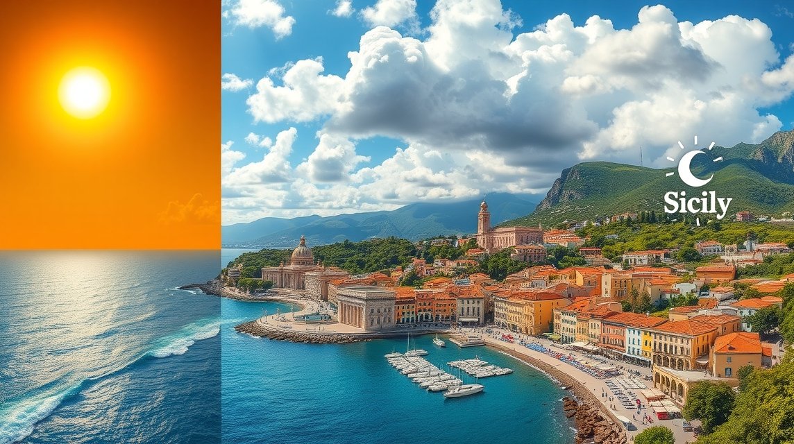 Panoráma Szicília buja partjáról napfénnyel és felhőkkel.