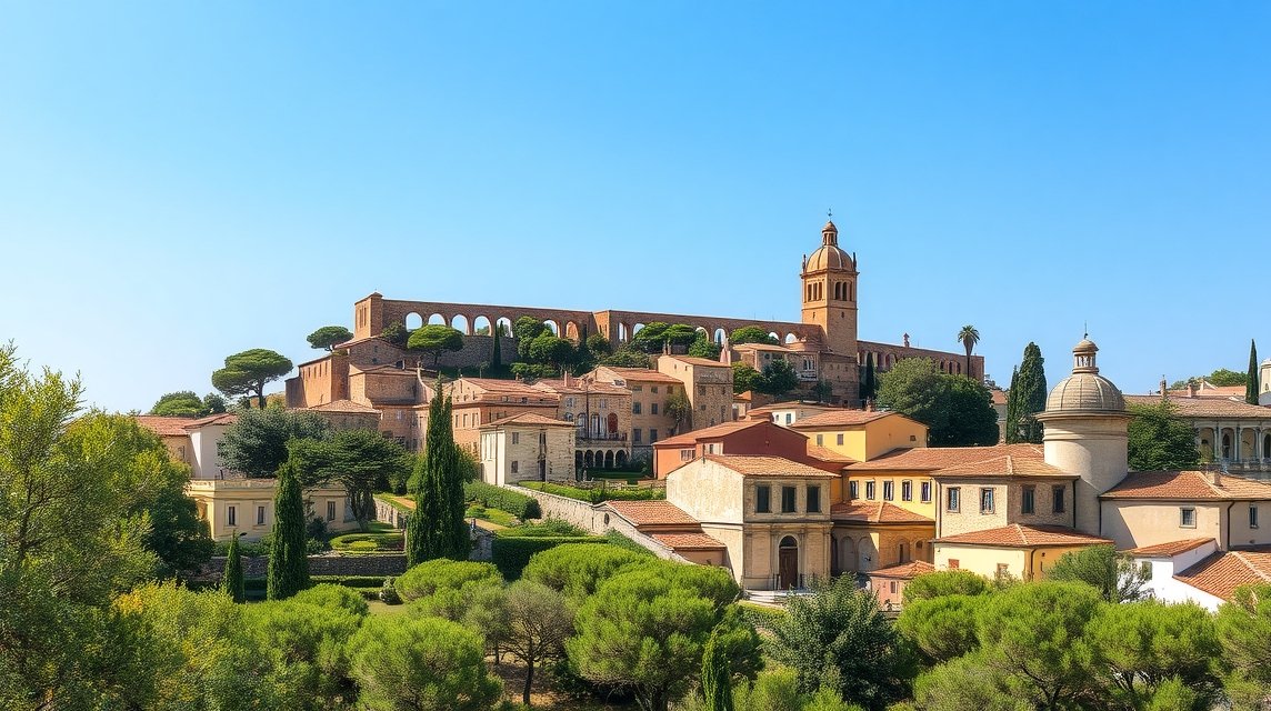 Szicília városának panorámája napsütésben, kora ősszel