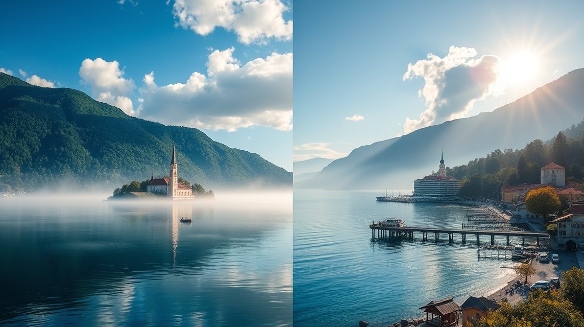 Bledi-tó és Piran gyönyörű látképe hegyekkel és tengerrel.