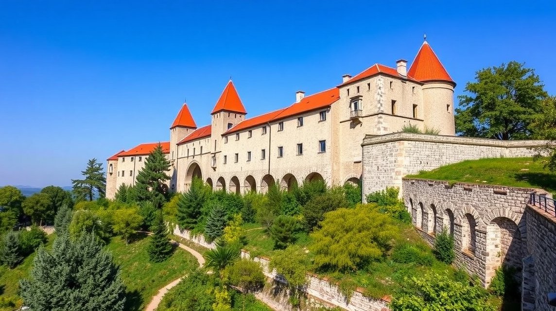 A Takácsok bástyája Brassó városában, Romániában, zöldellő környezetben.