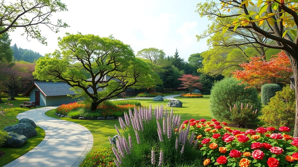 Kumamoto látnivalók - Tatsuda Természeti Park 1 Kumamoto, Tatsuda Természeti Park festői tája zöld fákkal és virágokkal