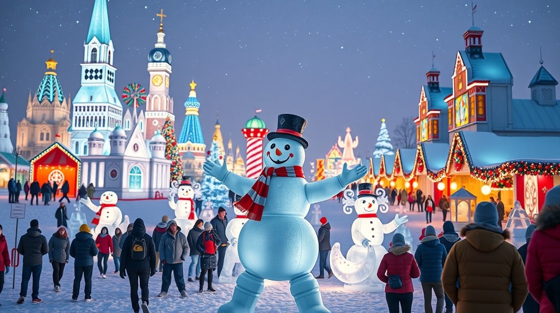 Bonhomme hóember a Québec-i Téli Karnevál előtt a jégpalotával.