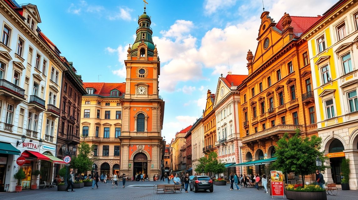 Temesvár Dóm tér barokk épületei színes homlokzattal